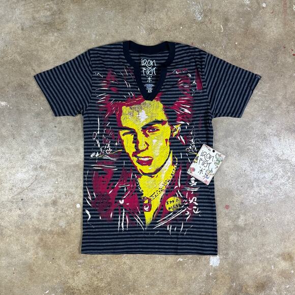 Iron Fist Sid Vicious Split V-Neck Graphic Tee XS NWT Punk Rock Striped Shirt - Picture 1 of 9